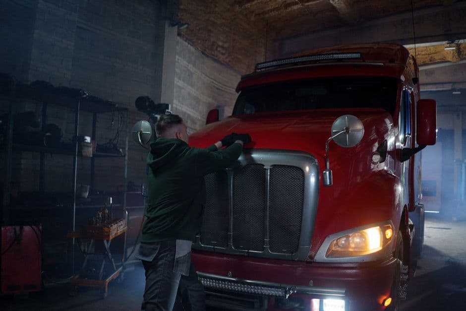 A mechanic in a dimly lit garage working on a semi truck