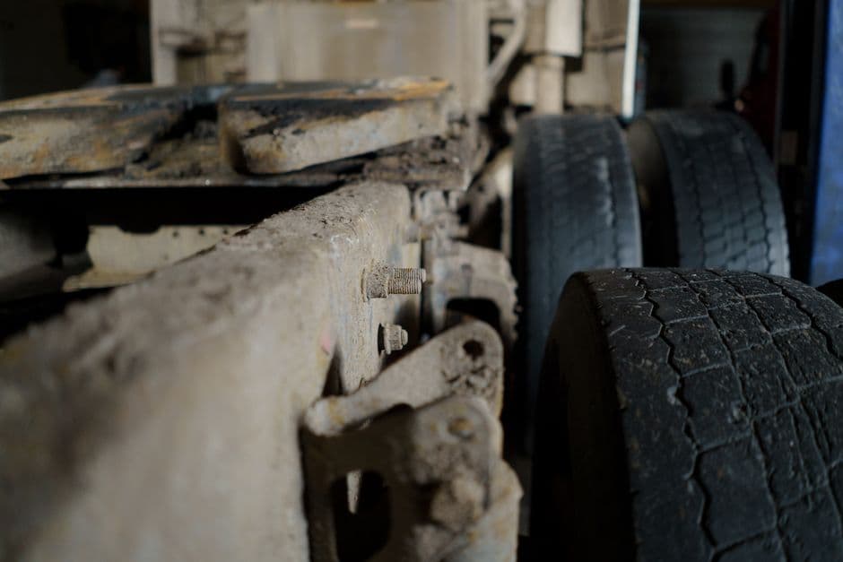 Detailed close-up of a truck chassis and tires